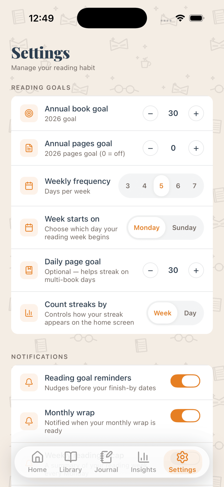 Goals and streaks screen