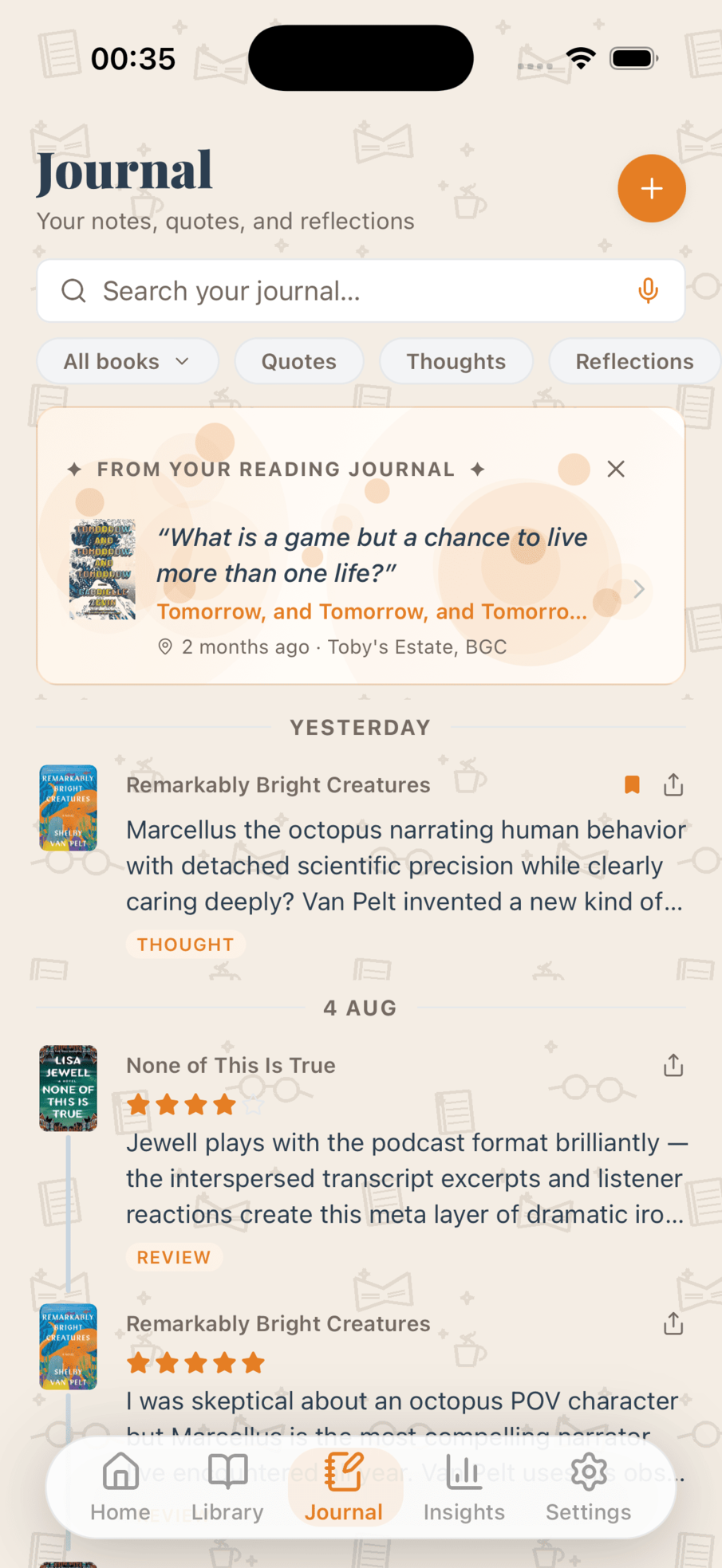 Reading journal with mood and photos