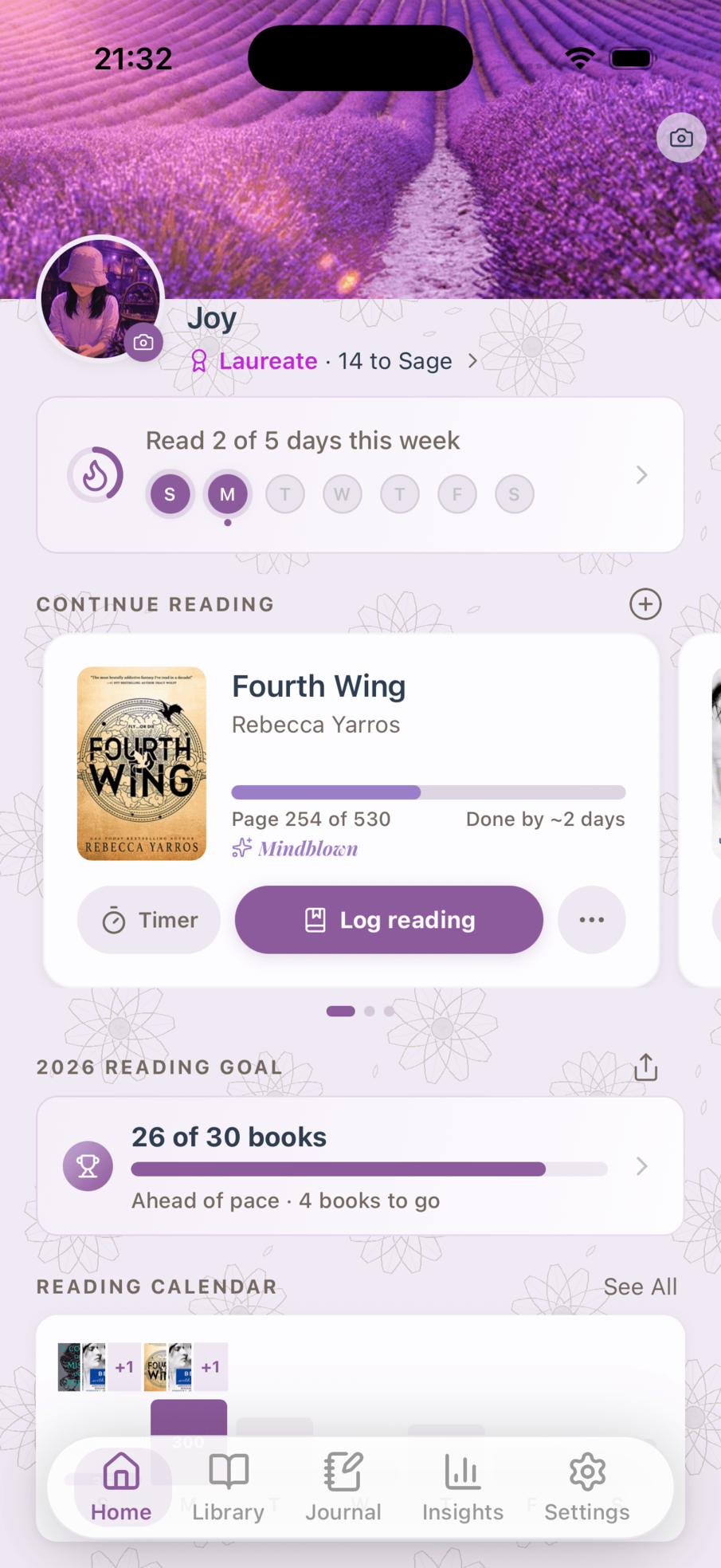 BookStreak home screen showing identity label, weekly streak, and current books