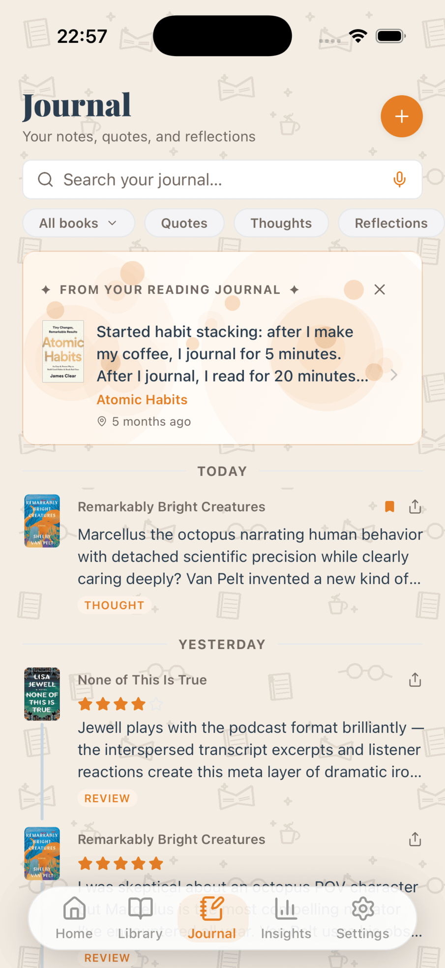 BookStreak reading journal with mood, location, and quotes