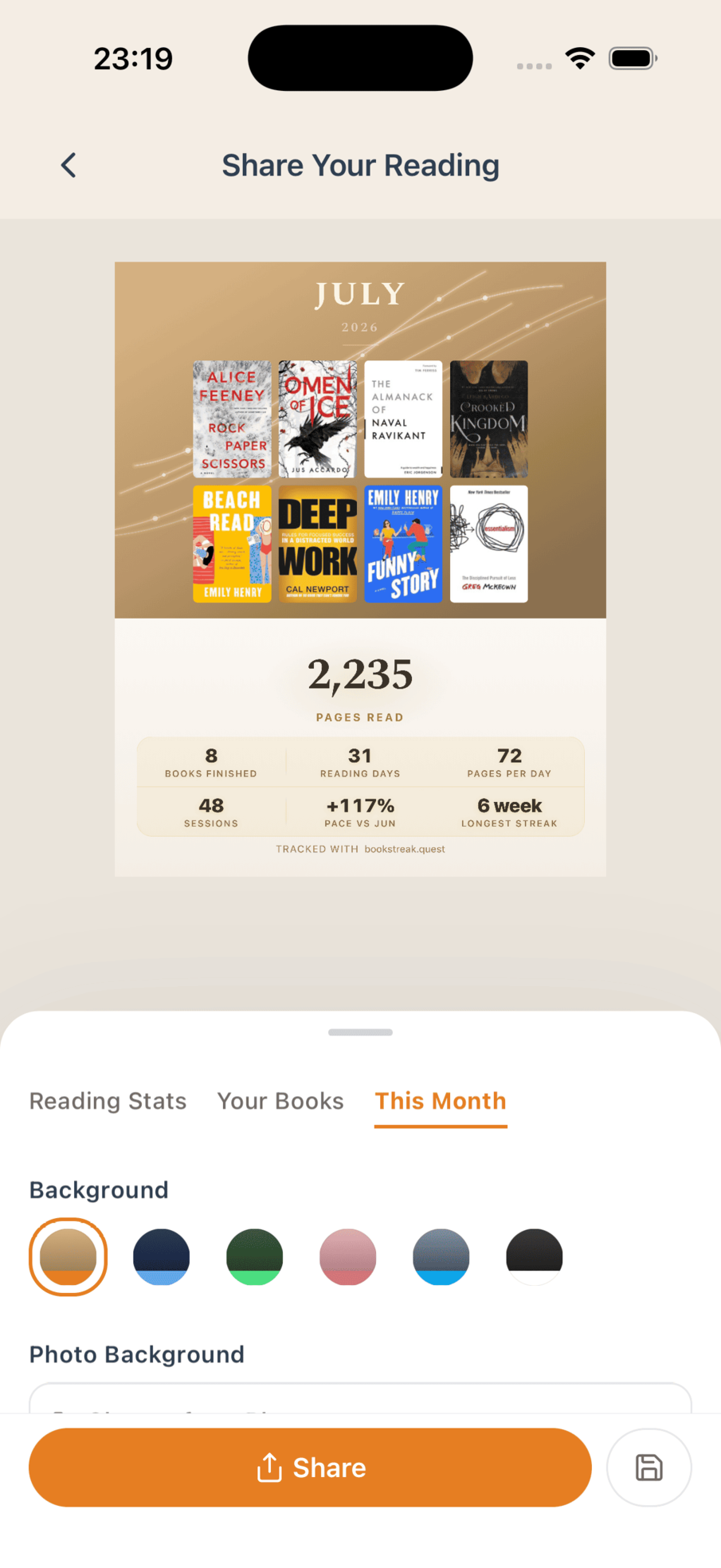BookStreak monthly wrap share card