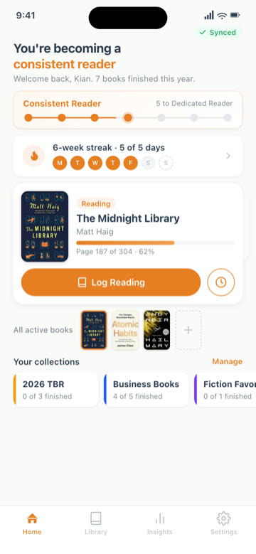 BookStreak home screen — identity label, flexible streaks, book carousel