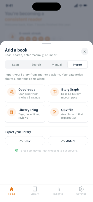BookStreak import — Goodreads, StoryGraph, LibraryThing, CSV
