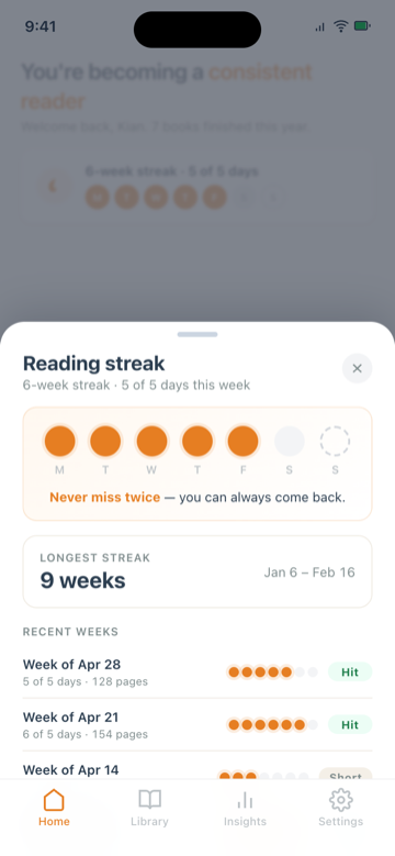 BookStreak flexible streaks — miss a day, keep your streak